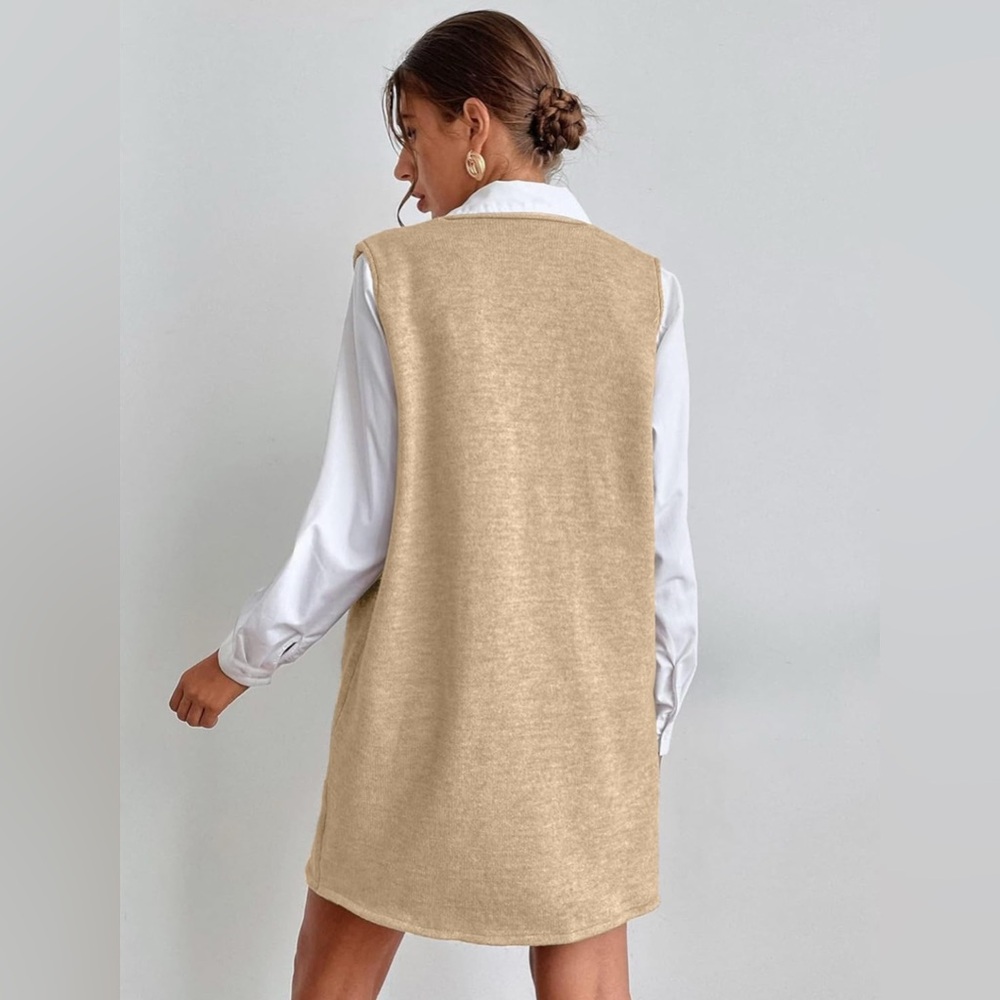 Women's Sleeveless Sweater Dress V Neck Knit Vest Dress with Pockets - Picture 5 of 7